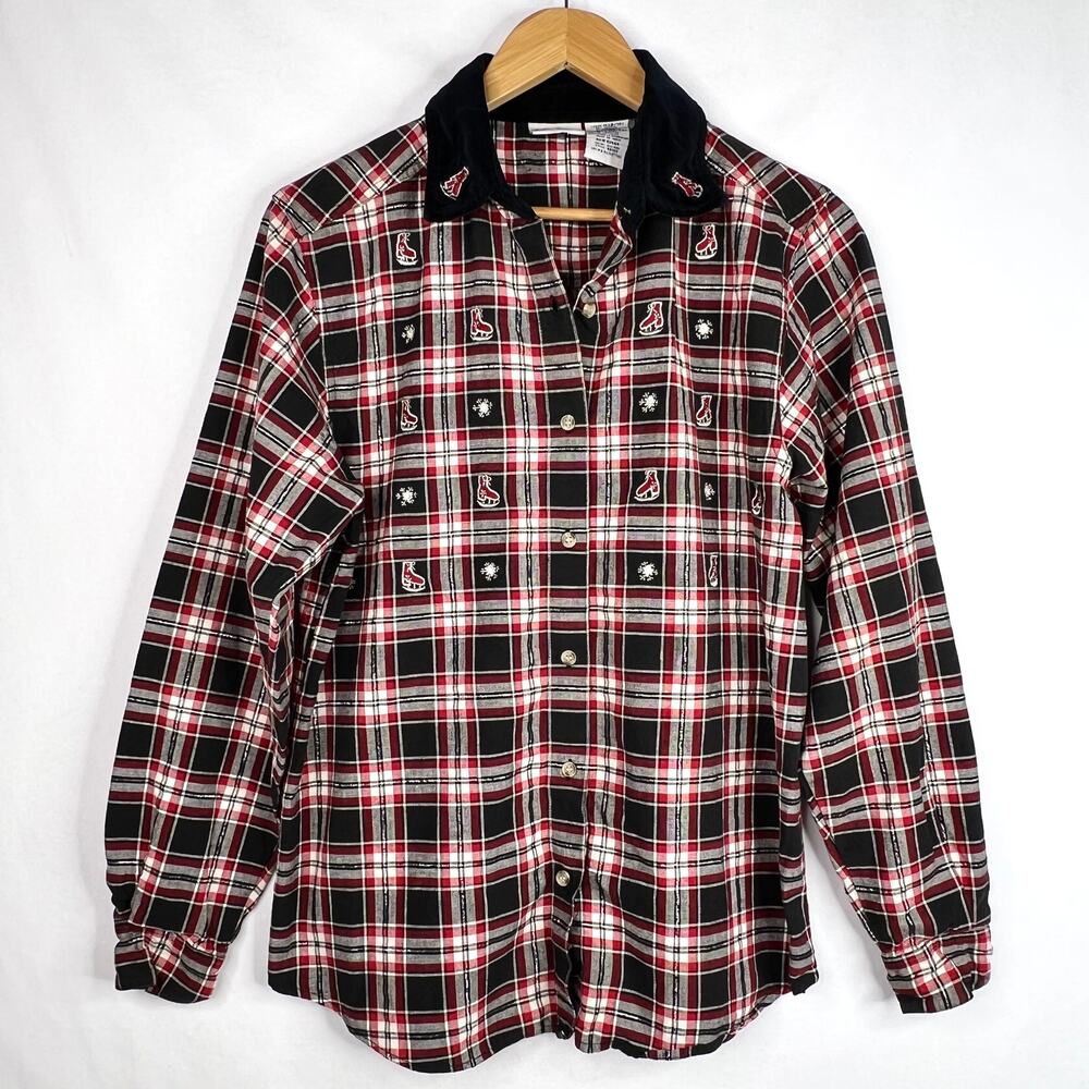 Vintage Bobbie Brooks Plaid Embroidered Ice Skating Shirt M